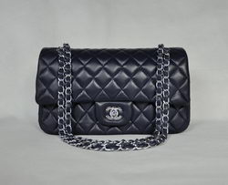 AAA Chanel Classic Flap Bag 1112 Navy Blue Leather Silver Hardware Knockoff